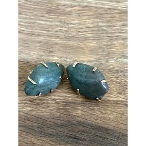 Vintage Stone Clip On Earrings Agate Green Teal Stone Gold Metal Mod 70s Retro
